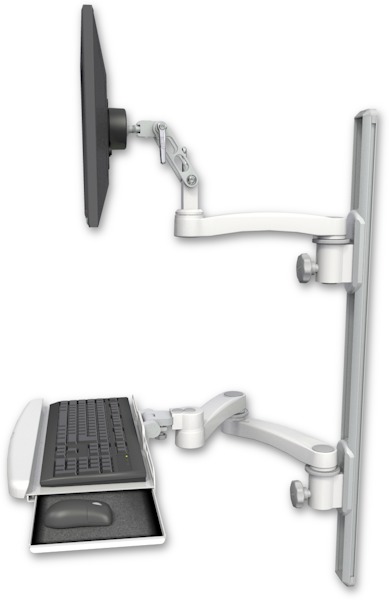 AccessMount™ Ultra 500 LCD mount on a 36" wall track with separate arms, a wrist-rest keyboard tray, and an 11" arm and 20" double-arm