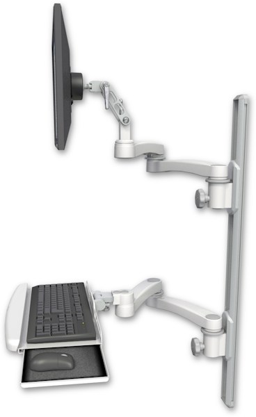 AccessMount™ Ultra 500 LCD mount on a 36" wall track with separate arms, a wrist-rest keyboard tray, and two 20" double-arms