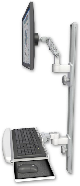 AccessMount™ Ultra 500 LCD mount on a 36" wall track with separate arms and a wrist-rest keyboard tray
