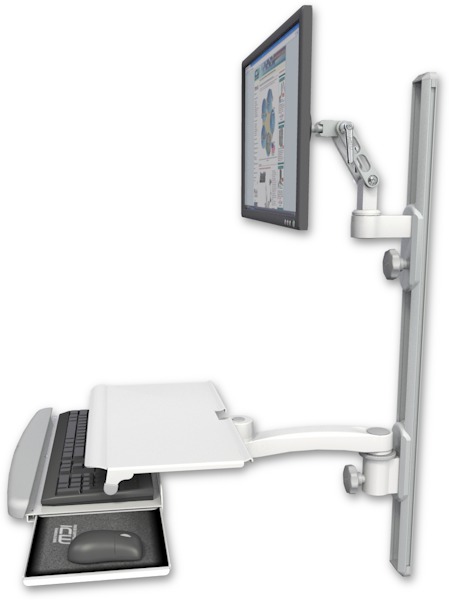 AccessMount™ Ultra 500 LCD mount on a 36" wall track with separate arms, a work surface tray and slide-out keyboard tray, and an 11" arm