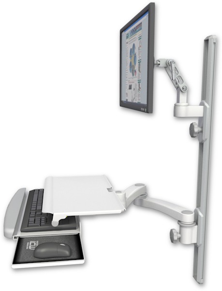 AccessMount™ Ultra 500 LCD mount on a 36" wall track with separate arms, a work surface tray and slide-out keyboard tray, and a 20" double-arm