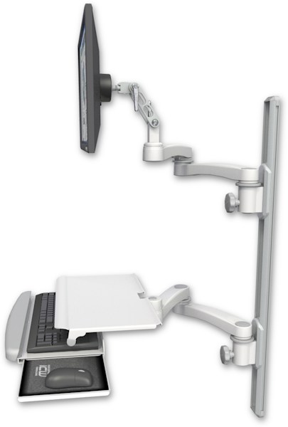 AccessMount™ Ultra 500 LCD mount on a 36" wall track with separate arms, a work surface tray and slide-out keyboard tray, and two 20" double-arms