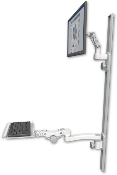 AccessMount™ Ultra 500 LCD mount on a 50" wall track with separate arms, a 12" paralink keyboard tray, and an 11" arm
