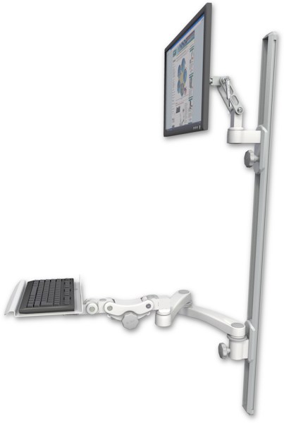 AccessMount™ Ultra 500 LCD mount on a 50" wall track with separate arms, a 12" paralink keyboard tray, and a 20" double-arm