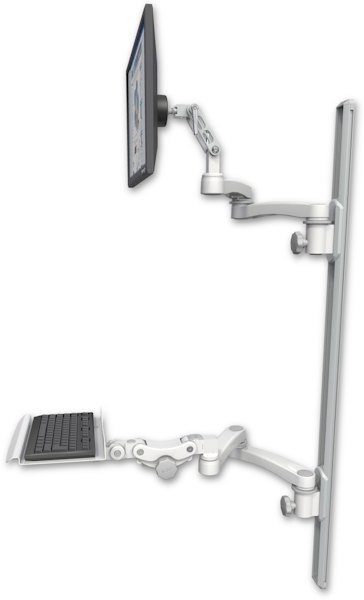 AccessMount™ Ultra 500 LCD mount on a 50" wall track with separate arms, a 12" paralink keyboard tray, and two 20" double-arms