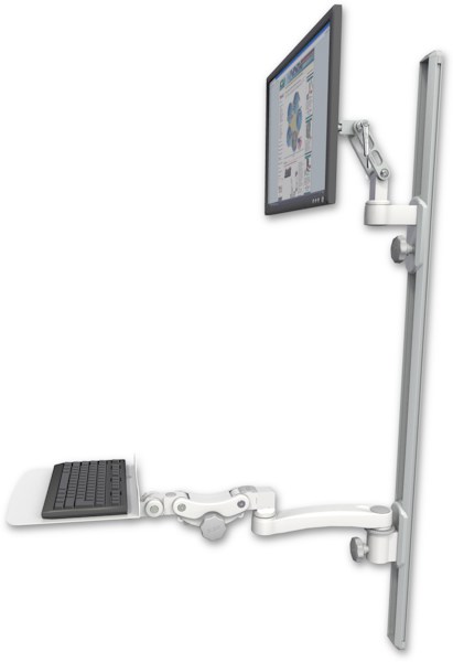 AccessMount™ Ultra 500 LCD mount on a 50" wall track with separate arms, a 12" flat paralink keyboard tray, and an 11" arm