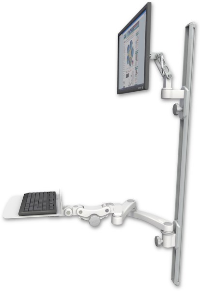 AccessMount™ Ultra 500 LCD mount on a 50" wall track with separate arms, a 12" flat paralink keyboard tray, and a 20" double-arm