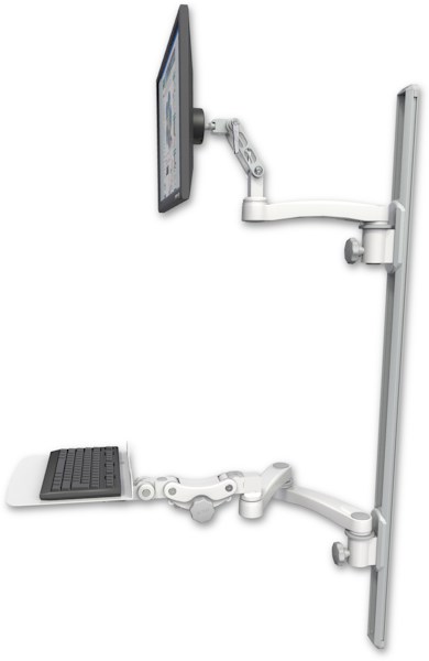 AccessMount™ Ultra 500 LCD mount on a 50" wall track with separate arms, a 12" flat paralink keyboard tray, and an 11" arm and 20" double-arm