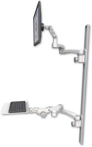 AccessMount™ Ultra 500 LCD mount on a 50" wall track with separate arms, a 12" flat paralink keyboard tray, and two 20" double-arms