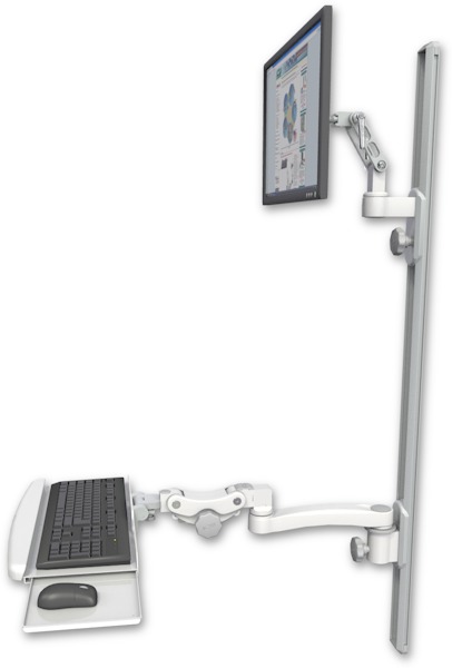 AccessMount™ Ultra 500 LCD mount on a 50" wall track with separate arms, a paralink keyboard tray w/ wrist rest bend, and an 11" arm