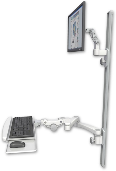 AccessMount™ Ultra 500 LCD mount on a 50" wall track with separate arms, a paralink keyboard tray w/ wrist rest bend, and a 20" double-arm