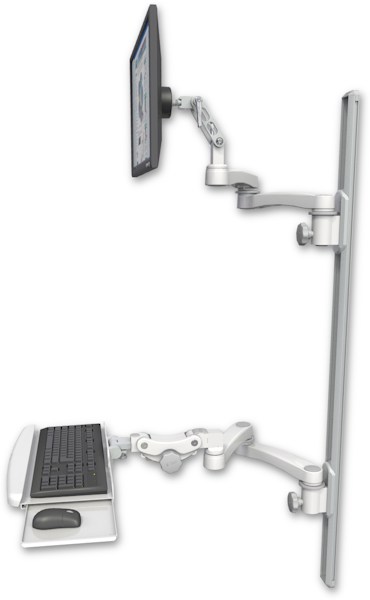 AccessMount™ Ultra 500 LCD mount on a 50" wall track with separate arms, a paralink keyboard tray w/ wrist rest bend, and two 20" double-arms