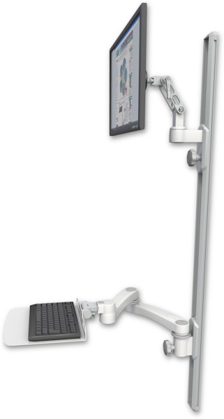 AccessMount™ Ultra 500 LCD mount on a 50" wall track with separate arms, a 12" flat keyboard tray, and a 20" double-arm