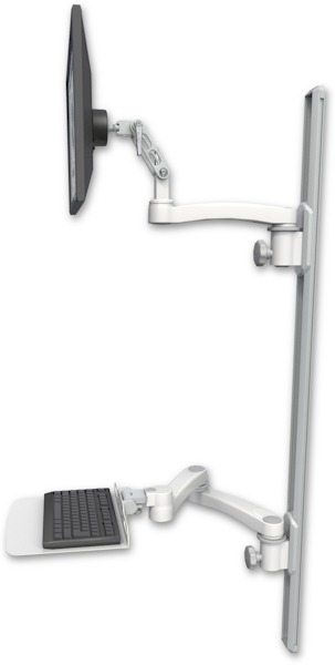 AccessMount™ Ultra 500 LCD mount on a 50" wall track with separate arms, a 12" flat keyboard tray, and an 11" arm and 20" double-arm