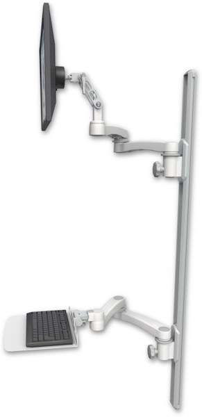 AccessMount™ Ultra 500 LCD mount on a 50" wall track with separate arms, a 12" flat keyboard tray, and two 20" double-arms