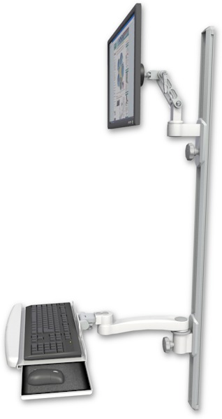 AccessMount™ Ultra 500 LCD mount on a 50" wall track with separate arms, a wrist-rest keyboard tray, and an 11" arm