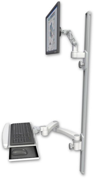 AccessMount™ Ultra 500 LCD mount on a 50" wall track with separate arms, a wrist-rest keyboard tray, and a 20" double-arm