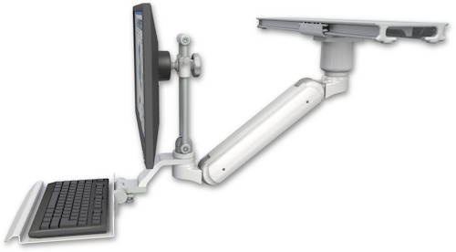 AccessMount™ Inverted Ultra 182 Arm with short EV710 monitor mount mount on a ProSlide 28" track slider, a 1" riser, and a 12" keyboard tray