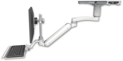 AccessMount™ Inverted Ultra 182 Arm with short EV710 monitor mount mount on a ProSlide 28" track slider, a 3" riser, a 12" keyboard tray, and an 11" arm