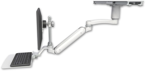 AccessMount™ Inverted Ultra 182 Arm with short EV710 monitor mount mount on a ProSlide 28" track slider, a 3" riser, a 12" flat keyboard tray, and an 11" arm