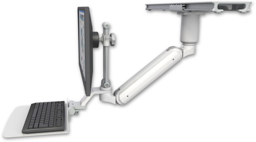 AccessMount™ Inverted Ultra 182 Arm with short EV710 monitor mount mount on a ProSlide 28" track slider, a 3" riser, and a 12" flat keyboard tray
