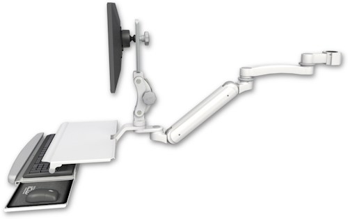 AccessMount™ Inverted Ultra 182 Arm with Paralink monitor mount mount for a 1.5" pole, a work surface tray and slide-out keyboard tray, and an 11" arm