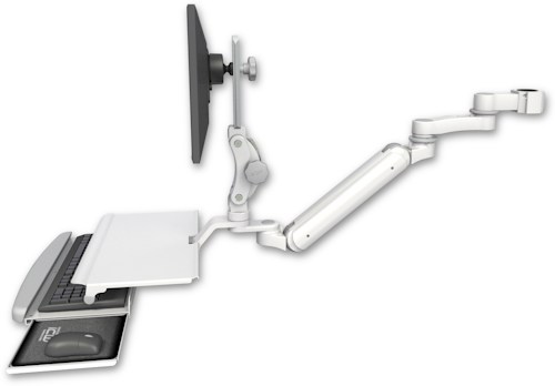 AccessMount™ Inverted Ultra 182 Arm with Paralink monitor mount mount for a 1.75" pole, a work surface tray and slide-out keyboard tray, and an 6" arm