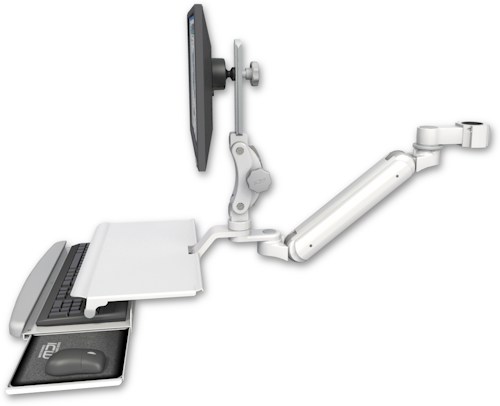 AccessMount™ Inverted Ultra 182 Arm with Paralink monitor mount mount for a 1.75" pole and a work surface tray and slide-out keyboard tray