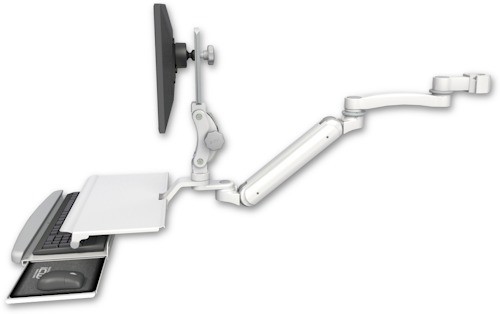 AccessMount™ Inverted Ultra 182 Arm with Paralink monitor mount mount for a 2" pole, a work surface tray and slide-out keyboard tray, and an 11" arm