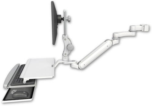 AccessMount™ Inverted Ultra 182 Arm with Paralink monitor mount mount for a 2" pole, a work surface tray and slide-out keyboard tray, and an 6" arm