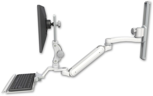 AccessMount™ Inverted Ultra 182 Arm with Paralink monitor mount mount on a 19" wall track slider, a 12" keyboard tray, and an 11" arm