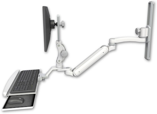 AccessMount™ Inverted Ultra 182 Arm with Paralink monitor mount mount on a 19" wall track slider, a wrist-rest keyboard tray, and an 11" arm