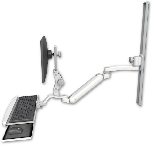 AccessMount™ Inverted Ultra 182 Arm with Paralink monitor mount mount on a 36" wall track slider, a wrist-rest keyboard tray, and an 11" arm