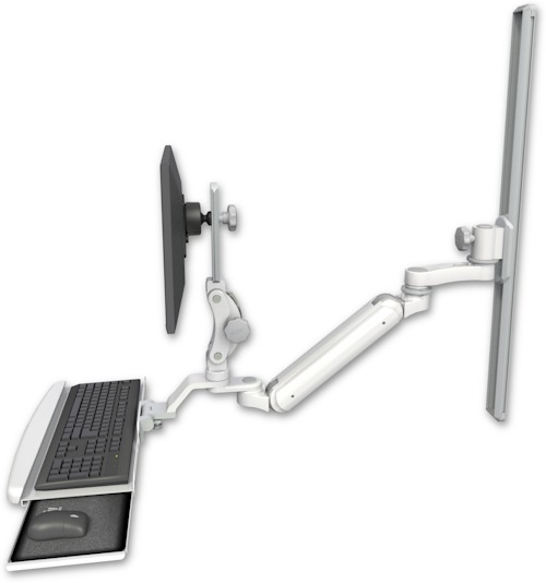 AccessMount™ Inverted Ultra 182 Arm with Paralink monitor mount mount on a 36" wall track slider, a wrist-rest keyboard tray, and an 6" arm
