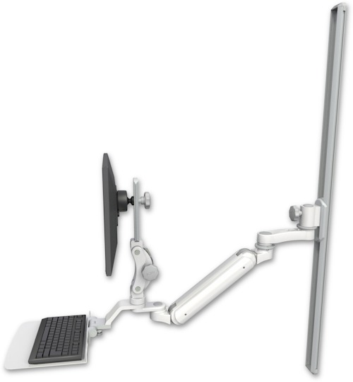AccessMount™ Inverted Ultra 182 Arm with Paralink monitor mount mount on a 50" wall track slider, a 12" flat keyboard tray, and an 6" arm