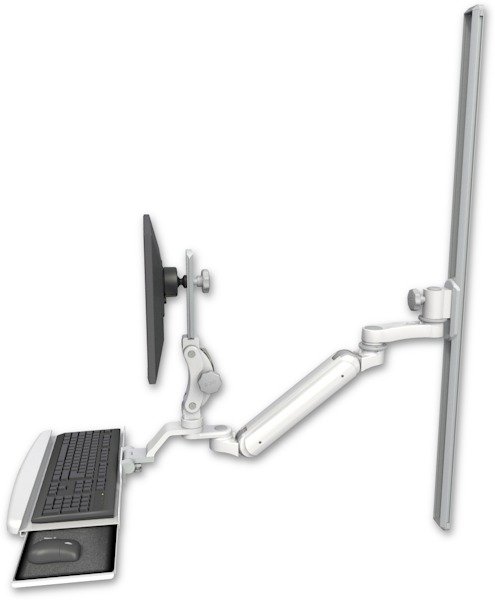 AccessMount™ Inverted Ultra 182 Arm with Paralink monitor mount mount on a 50" wall track slider, a wrist-rest keyboard tray, and an 6" arm
