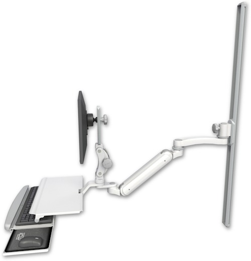AccessMount™ Inverted Ultra 182 Arm with Paralink monitor mount mount on a 50" wall track slider, a work surface tray and slide-out keyboard tray, and an 11" arm
