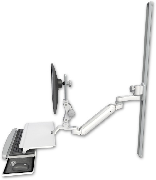AccessMount™ Inverted Ultra 182 Arm with Paralink monitor mount mount on a 50" wall track slider, a work surface tray and slide-out keyboard tray, and an 6" arm