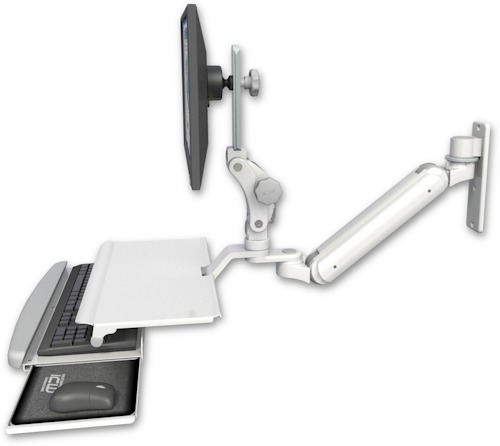 AccessMount™ Inverted Ultra 182 Arm with Paralink monitor mount wall mount and a work surface tray and slide-out keyboard tray