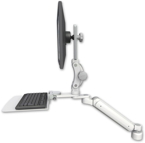 AccessMount™ Ultra 182 Arm with Paralink monitor mount desk mount, a 1" riser, and a 12" flat keyboard tray