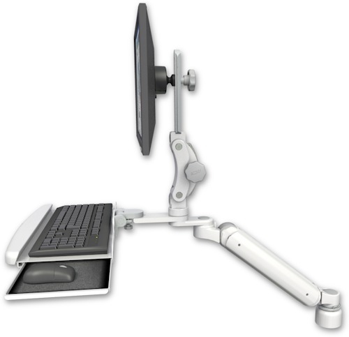 AccessMount™ Ultra 182 Arm with Paralink monitor mount desk mount, a 1" riser, and a wrist-rest keyboard tray