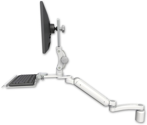 AccessMount™ Ultra 182 Arm with Paralink monitor mount desk mount, a 3" riser, a 12" keyboard tray, and an 11" arm