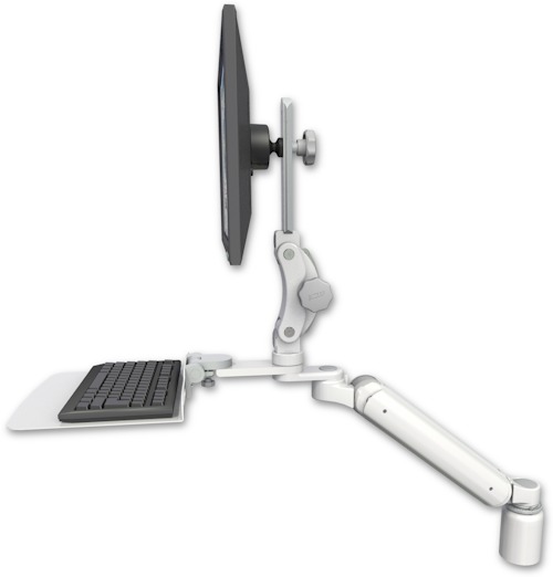 AccessMount™ Ultra 182 Arm with Paralink monitor mount desk mount, a 3" riser, and a 12" flat keyboard tray