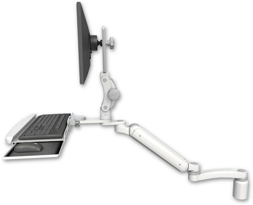 AccessMount™ Ultra 182 Arm with Paralink monitor mount desk mount, a 3" riser, a wrist-rest keyboard tray, and an 11" arm