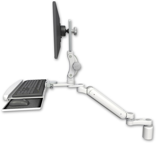 AccessMount™ Ultra 182 Arm with Paralink monitor mount desk mount, a 3" riser, a wrist-rest keyboard tray, and an 6" arm