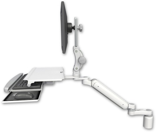 AccessMount™ Ultra 182 Arm with Paralink monitor mount desk mount, a 3" riser, a work surface tray and slide-out keyboard tray, and an 6" arm
