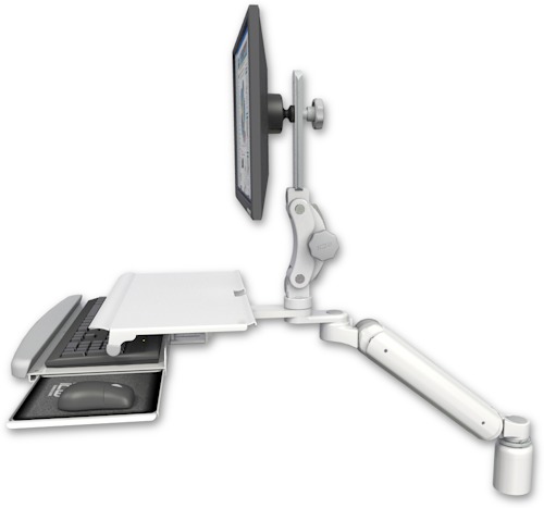AccessMount™ Ultra 182 Arm with Paralink monitor mount desk mount, a 3" riser, and a work surface tray and slide-out keyboard tray