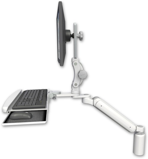 AccessMount™ Ultra 182 Arm with Paralink monitor mount desk mount, a 5" riser, and a wrist-rest keyboard tray