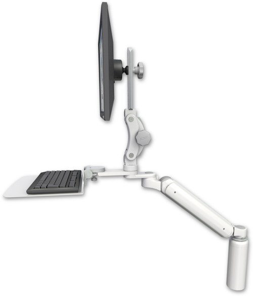 AccessMount™ Ultra 182 Arm with Paralink monitor mount desk mount, a 7.5" riser, and a 12" flat keyboard tray