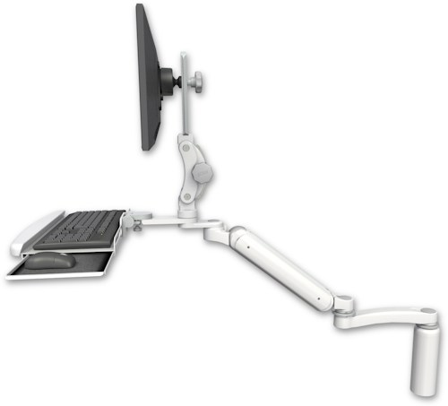 AccessMount™ Ultra 182 Arm with Paralink monitor mount desk mount, a 7.5" riser, a wrist-rest keyboard tray, and an 11" arm